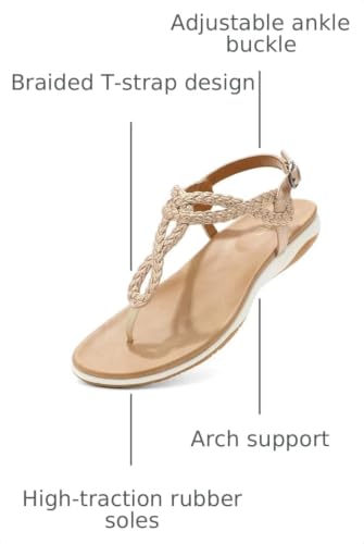 Image of UBFEN Womens Flat Sandals Dress Braided T-Strap Thong Sandals with Arch Support Comfortable for Walking