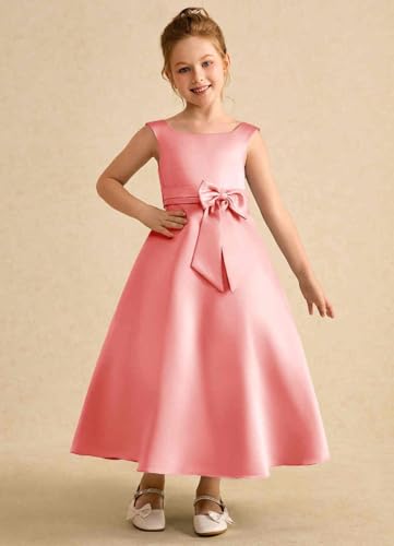 A-Line Princess Satin Flower Girl Dress Ankle-Length Sleeveless Junior Bridesmaid Dress with Bows3