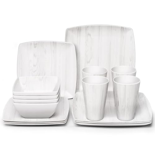 Melamin-Geschirr-Set, 16-teilig, Holzoptik – Geschirr, quadratische...
