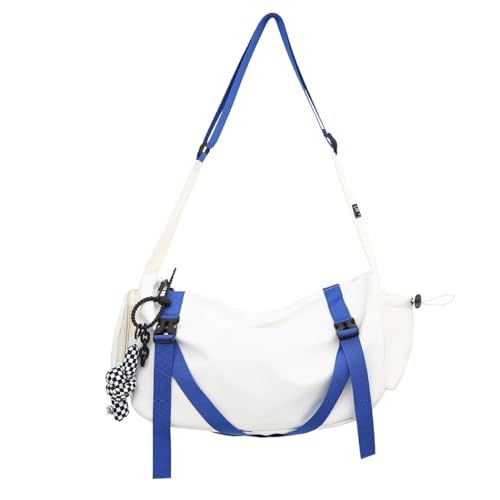 Modelos masculinos e femininos bolsa de ombro mochila mochila grande capacidade de viagem bolsa transversal (Branco + Azul, médio)