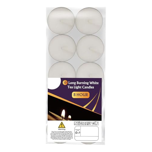 8 Hour Long Burn Time Unscented Tea Light Candle - Pack of 10