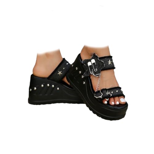 Women's Platform Slide Sandals Chunky Sole Ankle Strap Slides with Studs, Stars & Chain Decor Summer Slip-On Wedge Heels