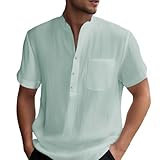 Gefomuofe Leinenhemd Herren Kurzarm Hemd Henley Sommerhemd Button Down Regular Fit Freizeithemden Sommer Strand Leinen Shirt Kurzarm Stehkragen Leinenshirt Beach Casual Shirt Standhemd