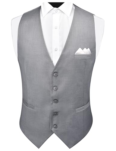 GUSLESON Men's Light Grey Vests Solid Suit Vest for Men Waistcoat and Pocket Square Set Vest Suit Tuxedo Set Wedding Party (0820-03-XXL)