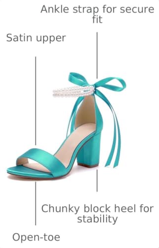Image of Women's Open Toe Pearl Wedding Shoes for Bride High Heels Sandals Satin Bridal Block Chunky Heels Ankle Strap Prom Evening Party Pumps
