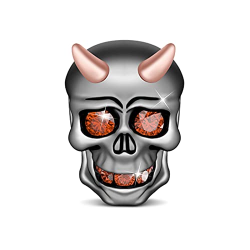 GNOCE Skull Bead Charms 925 Sterling Silver Black Little Devil with Rose Gold Horns Red Eyes Teeth Halloween Jewelry Charm for Bracelets Necklace