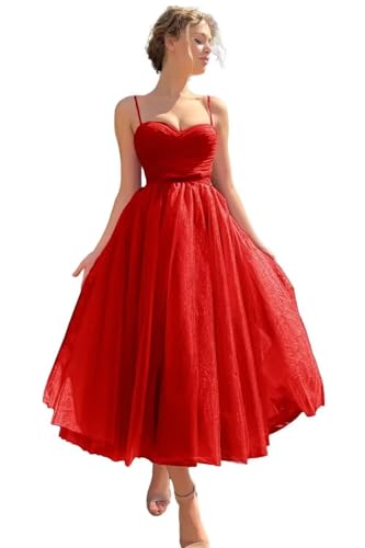 Image of A line Ruched Tulle Prom Dress Spaghetti Straps for Women, Tea Length Sweetheart Homecoming Dress Cocktail Dress