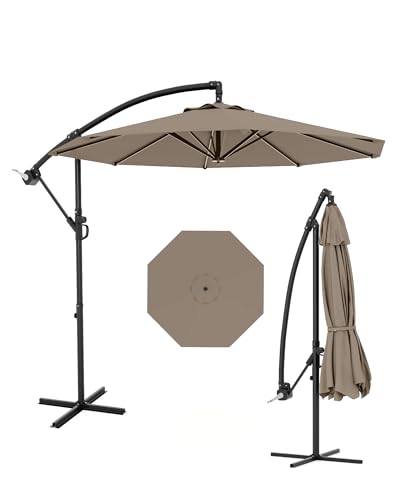 Cantilever Umbrella with Cross Base, 10FT Shade for 2-6 People, Outdoor Offset Design with Infinite Tilt and Crank Lift, Fade-Resistant Cross Base Canopy for Deck Pool Garden Backyard,Tan