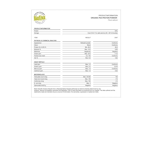 Miniatura 7 de Biotiva Polvo De Guisante Orgánico 1 Kg - Contenido De Proteína Del 83 - 100 Aislado De Proteína De Guisante - Libre De Gluten, Soja Y Lactosa