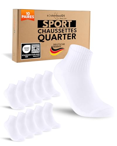 sockenkauf24 10 Paires Chaussettes Sport Quarter Homme 43-46 Blanche Chaussettes Tennis Respirantes et Renforcées