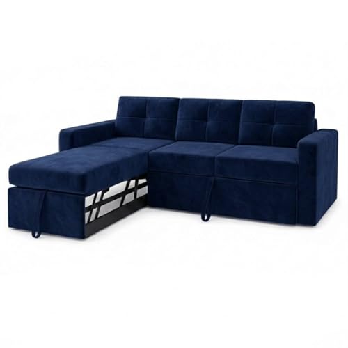 Image of FURNY Tira 4 Seater LHS Lounger Sofa Cum Bed (Dark Blue) with Pull-Out Function | Luxury Velvet Suede Finish | Durable Comfort | Ideal for Living Room