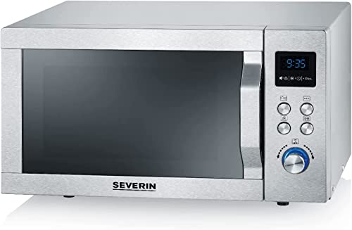 SEVERIN Four à micro-ondes 25 L, 1 950 W, Four micro-onde avec fonction gril et chaleur tournante brassée, Micro-onde avec 10 niveaux de puissance, Plateau à pizza amovible (⌀ 28 cm), Inox, MW 7774