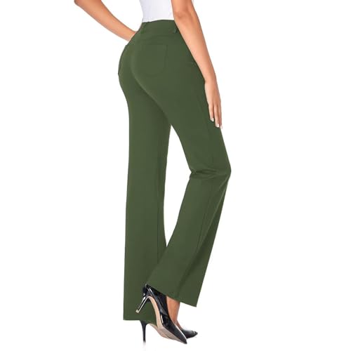 Pantaloni a zampa da donna, a vita alta, colore nero, da yoga, da donna, in cotone, slim fit, eleganti, a vita alta, in jersey, con tasche, da lavoro, morbidi, verde, L