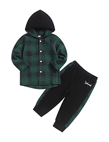 Image of Fuermos Toddler Baby Boys Clothes Flannel Lattice Button Down Hooded Tops +Pants Boys Fall Winter Outfits
