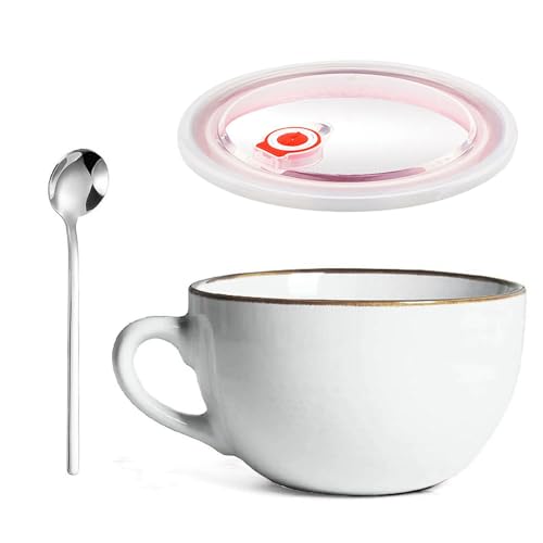 YUNXCNA Groß Tasse Keramik, 700ml Groß Müslischalen mit Henkel, Salat Schale, Große Teetasse Mit Deckel und Löffel, Wiederverwendbar Porzellan...