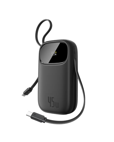 Baseus Powerbank 20000mAh 45W with Integrated USB-C Cable Power Bank PD3.0 QC4.0 Fast Charging Battery Pack 3 C and 1 A Portable Charger for iPhone 17/Air/16/15/14 Pro Max iPad Galaxy Black