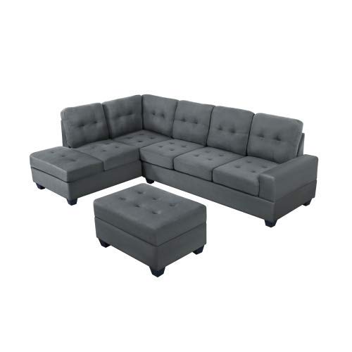 NOUVCOO Sectional, L-Shaped Sofa with Reversible Chaise Lounge Ottoman and Cup Holders, Gray Microfiber