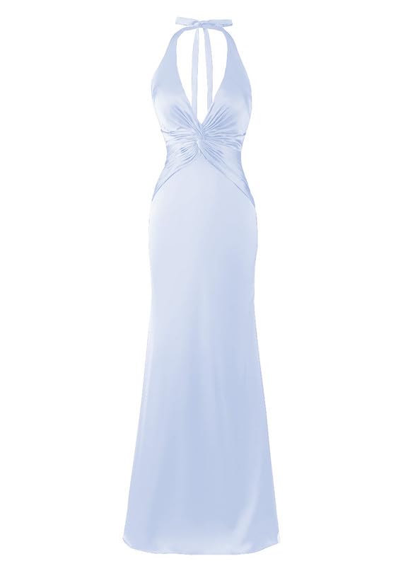 Fokissy V Neck Satin Bridesmaid Dresses for Women Ruched Long Mermaid Backless Prom Dresses