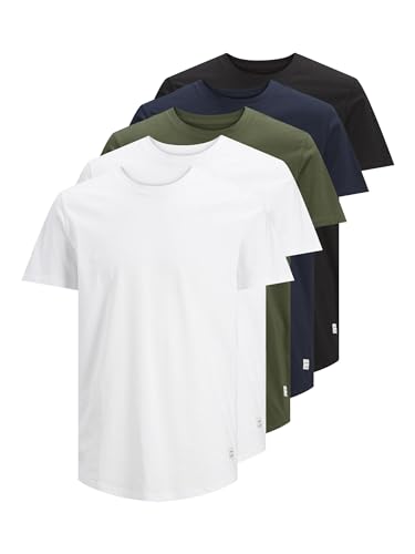 Jack & Jones Herren Jjenoa Tee Crew Neck 5pk MP T Shirt, White/Detail:2 White - 1 Black Navy -1forest, XXL EU
