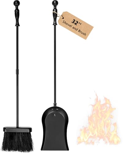 AMAGABELI Metal Fireplace Ash Shovel and Brush Set Accessories 32'' Rust Resistant with Smooth Long Handle Coal Shovel Hearth Broom Fire Place Tools Set Indoor Outdoor for Wood Stove Fire Pit