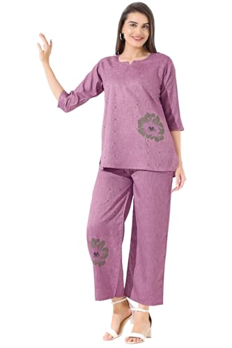 Image of Linen Printed Night Wear Top and Bottom Night Suit Set | Summer Outfit | Co-ord Set for Women | Shirt & Pajama | Night Suit Dress for Women