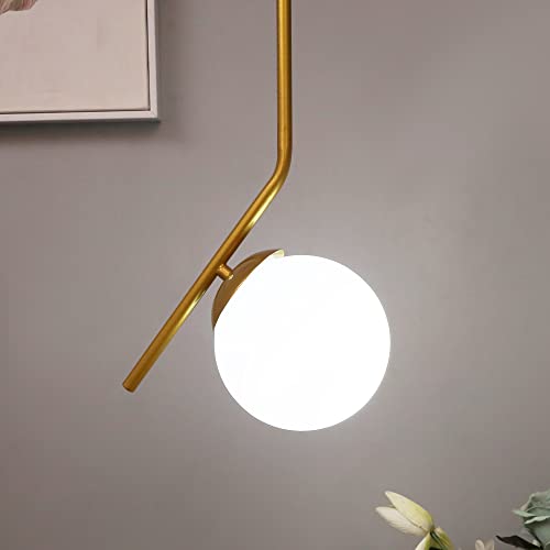 Image of Mid Century Modern Light Chandelier Lighting, White Frosted Glass Globe Lampshade Pendant Indoor Hanging Light Fixture (Golden Tilt L)