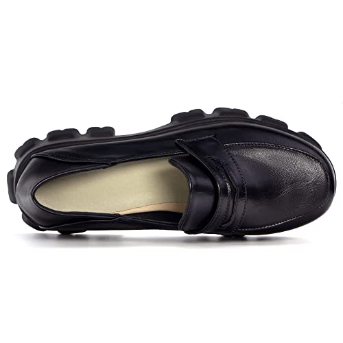 Elerhythm Women's Platform Chunky Heels Penny Loafers Slip-Ons Dressy Round Toe Flat Work Vintage Comfortable Business Casual Shoes (Black, Us 10) #TOP4