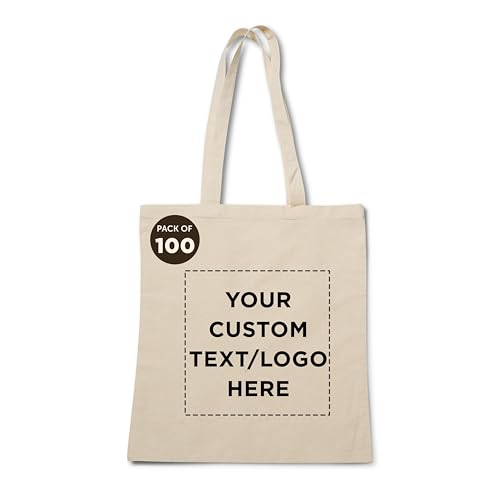 DISCOUNT PROMOS Custom Natural Cotton Fiber Tote Bags (Set of 100) - Personalized, Reusable & Eco-Friendly - Perfect for Grocery, Promotions, Branding - Natural Color, 14.5