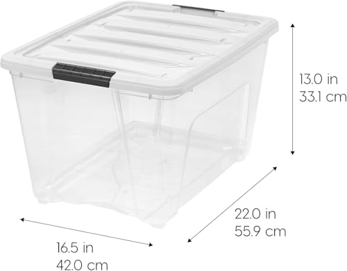 Image of IRIS USA 12-Pack 54 Quart Stackable Storage Bins with Lids [Made in USA] - Everyday Organizer Latching Clear Plastic Organization Containers Closet Bedroom Shelving Units Home Storage - Clear /White