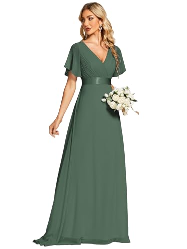 Robe de soirée double V-col eucalyptus taille 34 à manches courtes