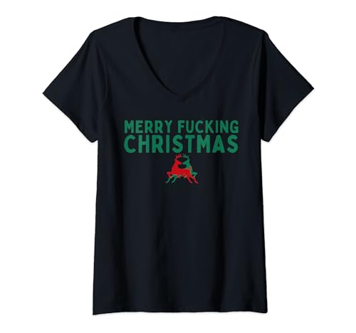Merry Freaking Christmas XMas Obscene Ficking Reindeer Camiseta Cuello V