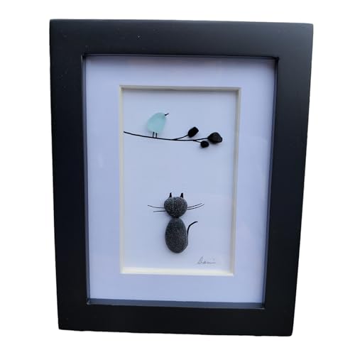 Generic Mini Desk Art Of A Cat Looking At A Bird Pebble And Seaglass Art Blue Bird Nature Artwork Measures 3.5 X 4 Inchs With Authentic Sea Glass. cover