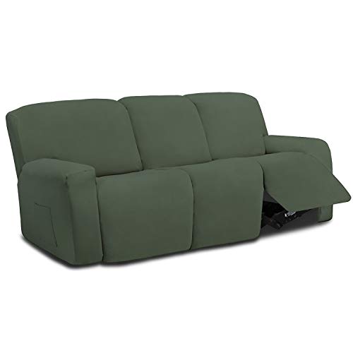 Image of Easy-Going 8 Pieces Microfiber Stretch Sectional Recliner Sofa Slipcover Soft Fitted Fleece 3 Seats Couch Cover Washable Furniture Protector with Elasticity for Kids Pet(Recliner Sofa,Greyish Green)