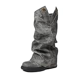 Kalstage Womens Denim Mid Calf Boots Fold Over Slouchy Platform Wedge Booties Vintage Y2k Shark Black Jean Boots