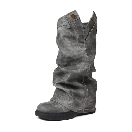 Kalstage Womens Denim Mid Calf Boots Fold Over Slouchy Platform Wedge Booties Vintage Y2k Shark Black Jean Boots