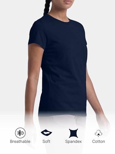Image of Enamor Short Sleeve Crew Neck Regular Length Basic Crew T-Shirt for Women - Slim Fit, Soft and Breathable Stretch Cotton - E047