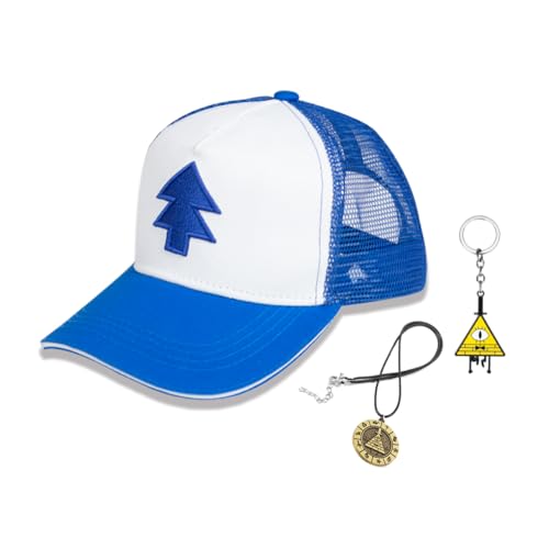 FEIWOBIRD Dipper Hat Adjustable Unisex Embroidered Trucker Baseball Cap with Bill Cipher Necklace and Keychain Blue