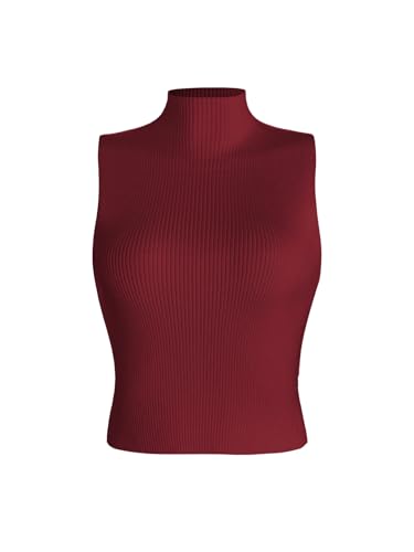 Verdusa Women's Crop Tops Old Money Clothes Sleeveless High Mock Neck Knit Fitted Basic Tank Top Burgundy X-Large