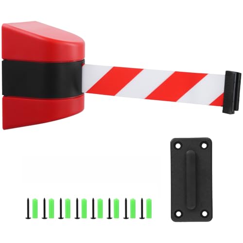 QWORK® 10m Einziehbare Gürtelbarriere mit ABS-Kunststoff-Wandgehäuse, Rot/Weiß Absperrband mit Verriegelungsfunktion für Menschenmengenkontrolle bei Veranstaltungen