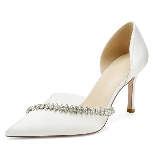 WeFloHsL Zapatos De Boda Novia De Satén con Tacón De Aguja Punta Cerrada con Diamantes para Mujer,Marfil,38 EU