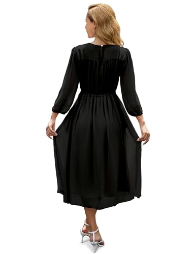 Image of Women's Casual 3 /4 Sleeve Fall Floral-Embroidered Long Dress Crew Neck Flowy Swing Dress with Pockets