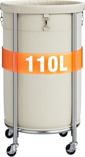 ELYKEN Panier à Linge 110L avec Roulettes, Chariot Rond en Acier, Sac Amovible Lavable, 4 Roues Pivotantes avec 2 Freins, pour Buanderie Chambre Salle de...