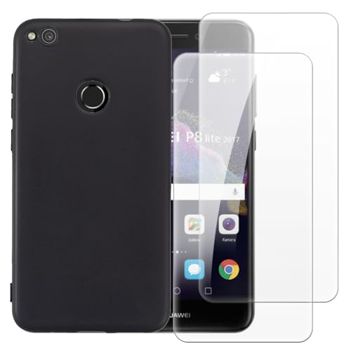 Shantime Funda con 2 Piezas Protector Compatible con Huawei P8 Lite 2017, Carcasa Antigolpes y Cristal Templado Protección Completa(Negro)