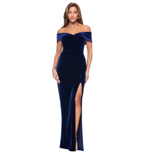 Xscape Women's Long Velvet Off-The-Shoulder Gown with Leg Slit and Center Back Zipper, Navy, 12