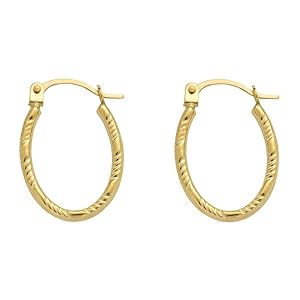 Womens Solid 14K Yellow Gold Textured Oval Hoop Latch Lock Earrings (17.3 x 19.7mm)