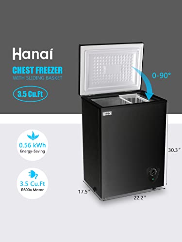 Chest Freezer Small Deep Freezer Black Freezers 3.5 Cu.Ft Compact Free-Standing Top Door Adjustable 7 Thermostat and Removable Basket Open Deep Freezer Energy Saving Apartment Kitchen