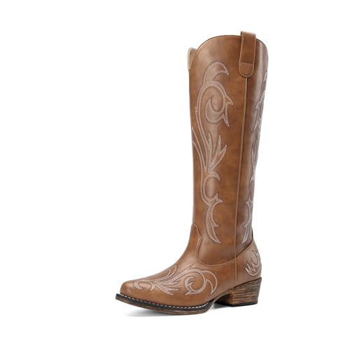 DREAM PAIRS Kniehohe Westernstiefel für Damen, cowboystiefel bequemer, klobiger Blockabsatz, spitzer Zehenbereich, seitlicher Reißverschluss Reitstiefel,Size 39,Braun,DWUMKB2502