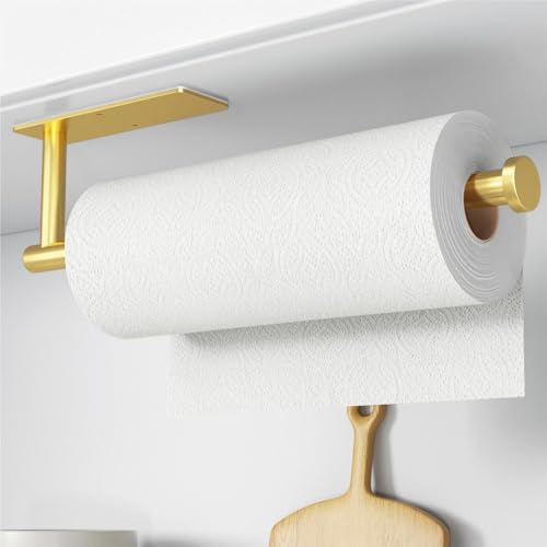 Image of Paper Towel Holder - Self-Adhesive or Drilling, Gold Wall Mounted Paper Towel Rack for Kitchen, SUS304 Stainless Steel Kitchen Roll Holder Under Cabinet
