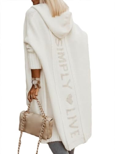 Women's Simply Love Live Letter Long Hooded Sweater Cardigans Fall Winter Plus Size Open Front Coat with Pockets