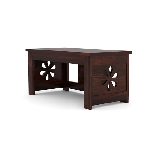 Image of Sheesham Wooden Coffee Table for Home, Office | Solid Wooden Center Table for Living Room, Meeting Room Center Tea Table, Solid Wood Sofa Side End Table in Flower- Walnut Finish